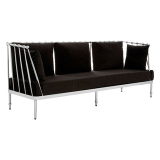 The Nestium Black Velvet Fabric 3 Seater Sofa features three seat and back cushions, a silver frame with vertical rods, and slender legs. Its luxurious comfort design makes it ideal for contemporary living rooms.