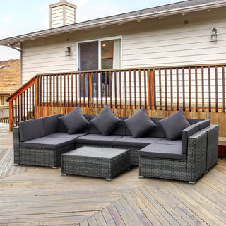 The Outsunny 7 Pieces Patio Wicker Sofa Set features a grey PE rattan sectional, matching acacia table top, and plush cushions—stylish garden furniture for relaxing outdoors in your backyard or patio.