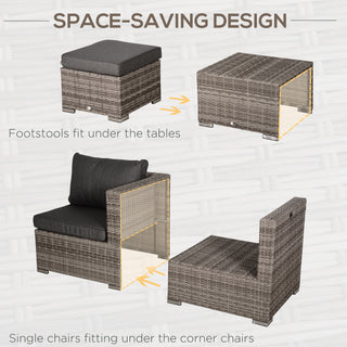Outsunny 8 Pieces Rattan Garden Furniture Set, Garden Corner Sofa Set with 4 Chairs, 2 Footstools, 2 Coffee Tables and Cushions, Space-Saving Design, No Assembly Required, Grey - Sofa In Store