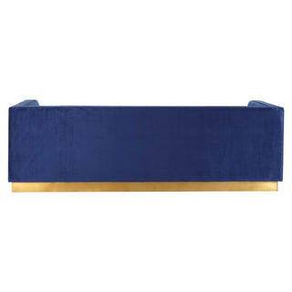 The photo displays the Premier Sofas Deep Blue Velvet 3 Seater Sofa with a gold base, elegant design, clean lines, and low back—shown from the back.