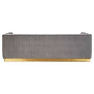 Premier Sofas Grey Velvet 3 Seater Sofa features a rectangular shape, gold base, and channel tufting design, shown here from the back.