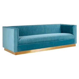 The Contemporary Light Blue Velvet 3 Seater Sofa by Premier Sofas features a tufted design, gold base, and straight arms, shown against a white background.