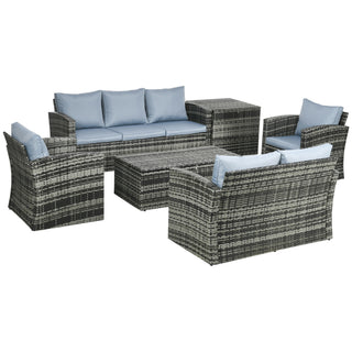 The Outsunny 6 Pieces Rattan Garden Furniture Set offers seating for 7 with a sectional sofa, tea table with storage, and side table. Grey wicker and matching cushions provide a stylish touch to any patio or garden space.