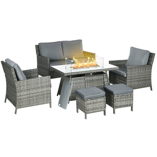 Outsunny 6 Seater Rattan Garden Furniture Set, Gas Fire Pit Table, Wicker Loveseat, 2 Armchairs and 2 Footstools, 6 Piece Patio Rattan furniture Sofa Sets with Cushions for Conservatory, Grey - Sofa In Store