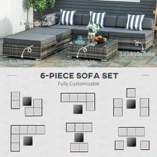 Outsunny 6 PC Rattan Sofa Coffee Table Set Sectional Wicker Weave Furniture for Garden Outdoor Conservatory w/ Pillow Cushion Grey - Sofa In Store