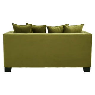 The Pipirima 2 Seater Sofa by Premier Sofas features moss green velvet upholstery, four matching throw pillows, straight lines, and short dark legs—perfect modern living room furniture for a stylish look from any angle.