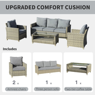 Outsunny 4 Pieces Patio Wicker Sofa Set, Outdoor PE Rattan Sectional Conversation Aluminium Frame Furniture Set w/ Padded Cushion & 2-Tier Tea Table, Brown - Sofa In Store