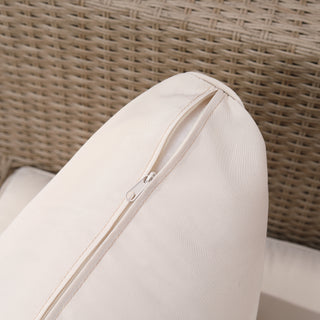 A cream-colored cushion with a visible zipper is shown on the Outsunny 4 PCs Rattan Garden Furniture Set, featuring beige cushions and wicker weave design for stylish conservatory or outdoor seating.