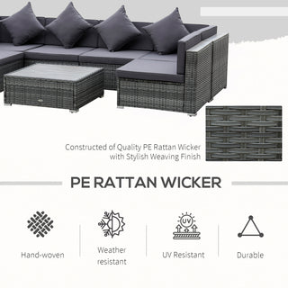 The Outsunny 7 Piece Patio Wicker Sofa Set features grey cushions, a matching acacia-topped table, hand-woven PE rattan, and offers weather and UV resistance—durable garden furniture ideal for any outdoor space.