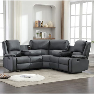 Grey Vegan Leather Manual Recliner Corner Sofa Eco-Friendly Comfort Furco - Sofa In Store