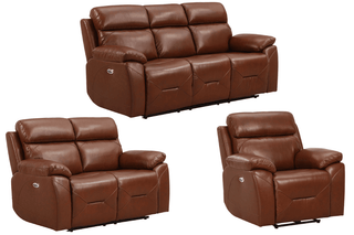 Renato 3 Seater Genuine Leather Tan Electric Recliner Sofa Set - Sofa In Store