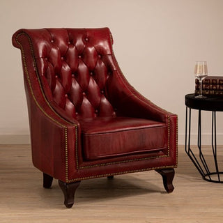 Sadalmelik Red Leather Armchair with Quilted Backrest and Carved Walnut Legs - Sofa In Store