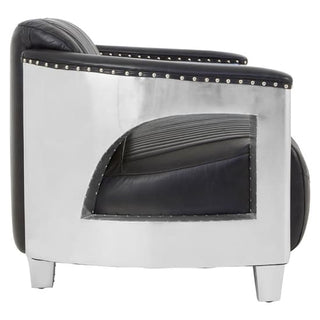 Side view of the Premier Sofas Contemporary Black Leather 2 Seater Sofa, showcasing aluminium arms and channel tufting.
