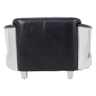 A black leather armchair with shiny aluminium arms and legs, accented with metal studs—perfect for pairing with the Premier Sofas Contemporary Black Leather 2 Seater Sofa with Aluminium Arms and Channel Tufting.
