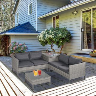 Outsunny 4 Pieces Rattan Garden Furniture Set, 4 Seater Garden Sofa Set with Storage Box, Loveseats and Glass Top Table, Wicker Outdoor Conservatory Furniture with Cushions for Outdoor, Patio, Grey - Sofa In Store