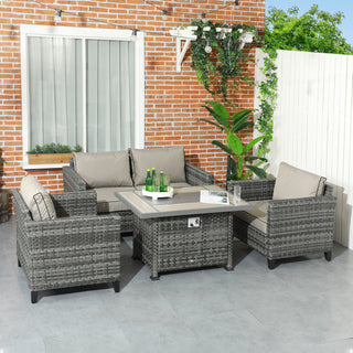 Outsunny 5-Piece Rattan Patio Furniture Set with Gas Fire Pit Table, Loveseat Sofa, Armchairs, Cushions, Pillows, Grey - Sofa In Store