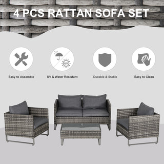 Outsunny 4 Pieces PE Rattan Garden Furniture with Cushion, Outdoor Wicker Conservatory Sofa Set w/ Armchairs, Loveseat, Glass Top Coffee Table, Dark Drey - Sofa In Store