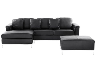 Corner Sofa Black Leather Upholstered with Ottoman L-shaped Right Hand Orientation Beliani - Sofa In Store
