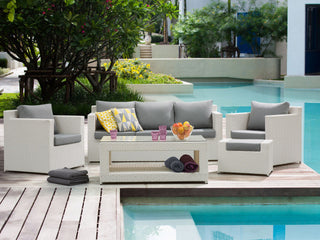 Garden Corner Sofa Set White Faux Rattan Grey Cushions 6 Seater with Table Ottoman Outdoor Scandinavian Modern Wicker Conversation Set Beliani - Sofa In Store