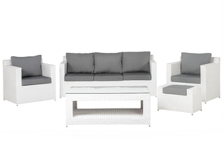 Garden Corner Sofa Set White Faux Rattan Grey Cushions 6 Seater with Table Ottoman Outdoor Scandinavian Modern Wicker Conversation Set Beliani - Sofa In Store
