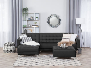Corner Sofa Bed Black Faux Leather Tufted Modern L-Shaped Modular 4 Seater Right Hand Chaise Longue Beliani