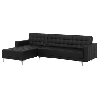 Corner Sofa Bed Black Faux Leather Tufted Modern L-Shaped Modular 4 Seater Right Hand Chaise Longue Beliani