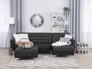 Corner Sofa Bed Black Faux Leather Tufted Modern L-Shaped Modular 4 Seater Left Hand Chaise Longue Beliani