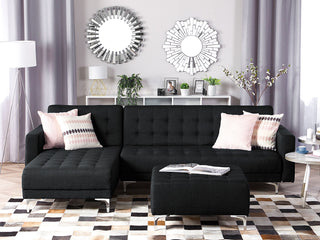 Corner Sofa Bed Graphite Grey Tufted Fabric Modern L-Shaped Modular 4 Seater with Ottoman Right Hand Chaise Longue Beliani - Sofa In Store