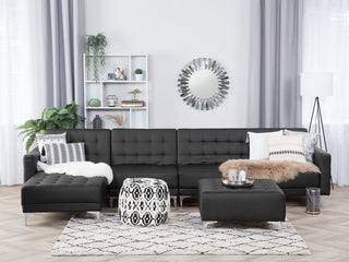 Corner Sofa Bed Black Faux Leather Tufted Modern L-Shaped Modular 5 Seater Right Hand Chaise Longue Beliani