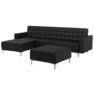 Corner Sofa Bed Black Faux Leather Tufted Modern L-Shaped Modular 4 Seater with Ottoman Right Hand Chaise Longue Beliani
