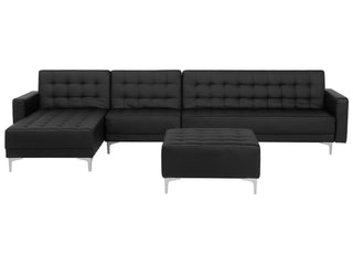 Corner Sofa Bed Black Faux Leather Tufted Modern L-Shaped Modular 5 Seater with Ottoman Right Hand Chaise Longue Beliani - Sofa In Store
