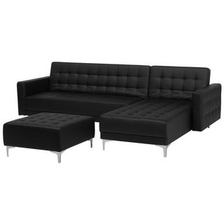 Corner Sofa Bed Black Faux Leather Tufted Modern L-Shaped Modular 4 Seater with Ottoman Left Hand Chaise Longue Beliani