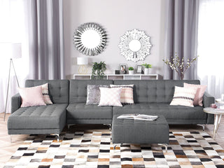 Corner Sofa Bed Light Grey Tufted Fabric Modern L-Shaped Modular 5 Seater Right Hand Chaise Lounge Beliani - Sofa In Store