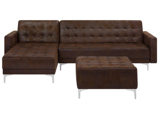 Corner Sofa Bed Brown Faux Leather Tufted Modern L-Shaped Modular 4 Seater with Ottoman Right Hand Chaise Longue Beliani - 116146