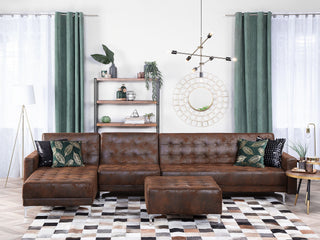 Corner Sofa Bed Brown Faux Leather Tufted Modern L-Shaped Modular 4 Seater with Ottoman Right Hand Chaise Longue Beliani - 116193