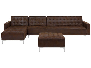 Corner Sofa Bed Brown Faux Leather Tufted Modern L-Shaped Modular 4 Seater with Ottoman Right Hand Chaise Longue Beliani - 116193