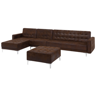 Corner Sofa Bed Brown Faux Leather Tufted Modern L-Shaped Modular 4 Seater with Ottoman Right Hand Chaise Longue Beliani - 116193