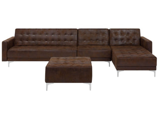 Corner Sofa Bed Brown Faux Leather Tufted Modern L-Shaped Modular 5 Seater with Ottoman Left Hand Chaise Longue Beliani - Sofa In Store