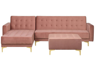 Corner Sofa Bed Pink Velvet Tufted Fabric Modern L-Shaped Modular 4 Seater with Ottoman Right Hand Chaise Longue Beliani