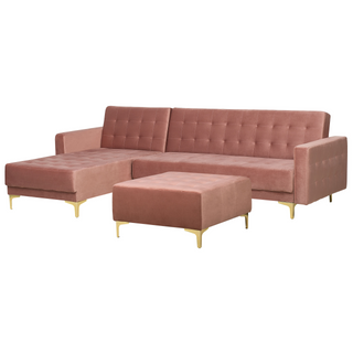 Corner Sofa Bed Pink Velvet Tufted Fabric Modern L-Shaped Modular 4 Seater with Ottoman Right Hand Chaise Longue Beliani - Sofa In Store