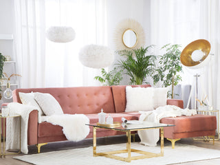 Corner Sofa Bed Pink Velvet Tufted Fabric Modern L-Shaped Modular 4 Seater Right Hand Chaise Longue Beliani