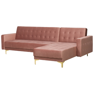 Corner Sofa Bed Pink Velvet Tufted Fabric Modern L-Shaped Modular 4 Seater Right Hand Chaise Longue Beliani
