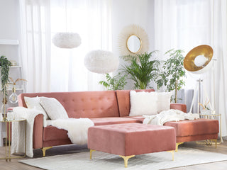 Corner Sofa Bed Pink Velvet Tufted Fabric Modern L-Shaped Modular 4 Seater with Ottoman Left Hand Chaise Longue Beliani - Sofa In Store