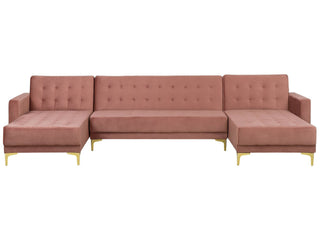 Corner Sofa Bed Pink Velvet Tufted Fabric Modern U-Shaped Modular 5 Seater with Chaise Lounges Beliani