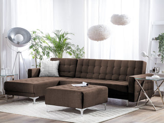 Corner Sofa Bed Brown Tufted Fabric Modern L-Shaped Modular 4 Seater with Ottoman Right Hand Chaise Longue Beliani