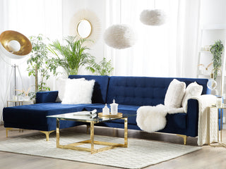Corner Sofa Bed Navy Blue Velvet Tufted Fabric Modern L-Shaped Modular 4 Seater Right Hand Chaise Longue Beliani