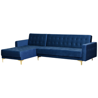 Corner Sofa Bed Navy Blue Velvet Tufted Fabric Modern L-Shaped Modular 4 Seater Right Hand Chaise Longue Beliani