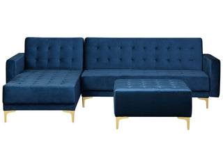 Corner Sofa Bed Navy Blue Velvet Tufted Fabric Modern L-Shaped Modular 4 Seater with Ottoman Right Hand Chaise Longue Beliani - Sofa In Store