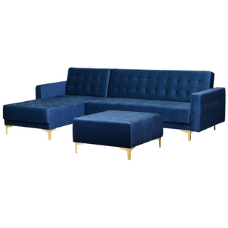 Corner Sofa Bed Navy Blue Velvet Tufted Fabric Modern L-Shaped Modular 4 Seater with Ottoman Right Hand Chaise Longue Beliani - Sofa In Store