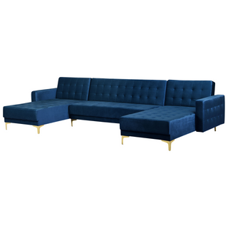 Corner Sofa Bed Navy Blue Velvet Tufted Fabric Modern U-Shaped Modular 5 Seater with Chaise Lounges Beliani - Sofa In Store